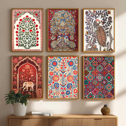 Traditional Indian Art Framed Prints for Elegant Home Decor Set of 6