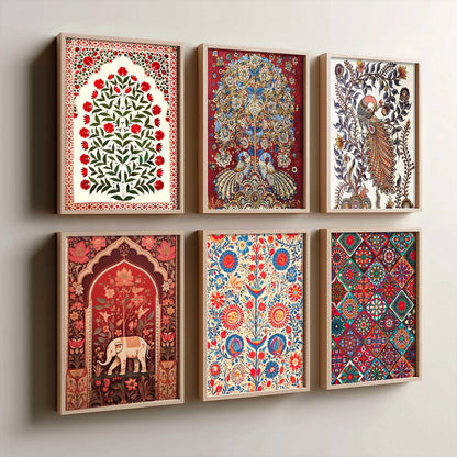 Traditional Indian Art Framed Prints for Elegant Home Decor Set of 6