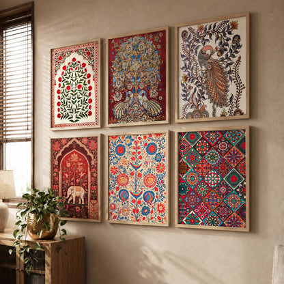 Traditional Indian Art Framed Prints for Elegant Home Decor Set of 6