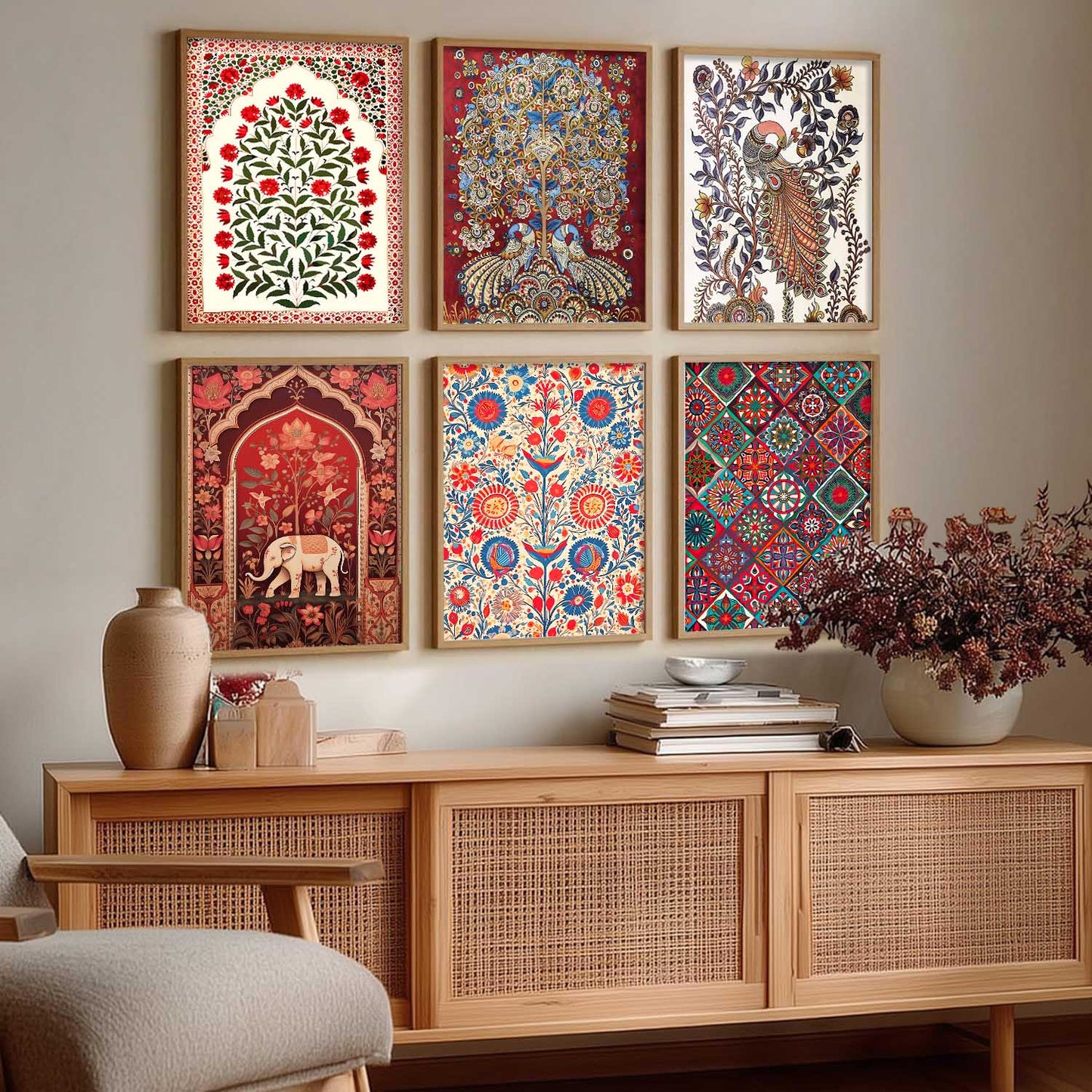 Traditional Indian Art Framed Prints for Elegant Home Decor Set of 6