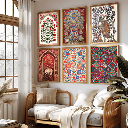 Traditional Indian Art Framed Prints for Elegant Home Decor Set of 6