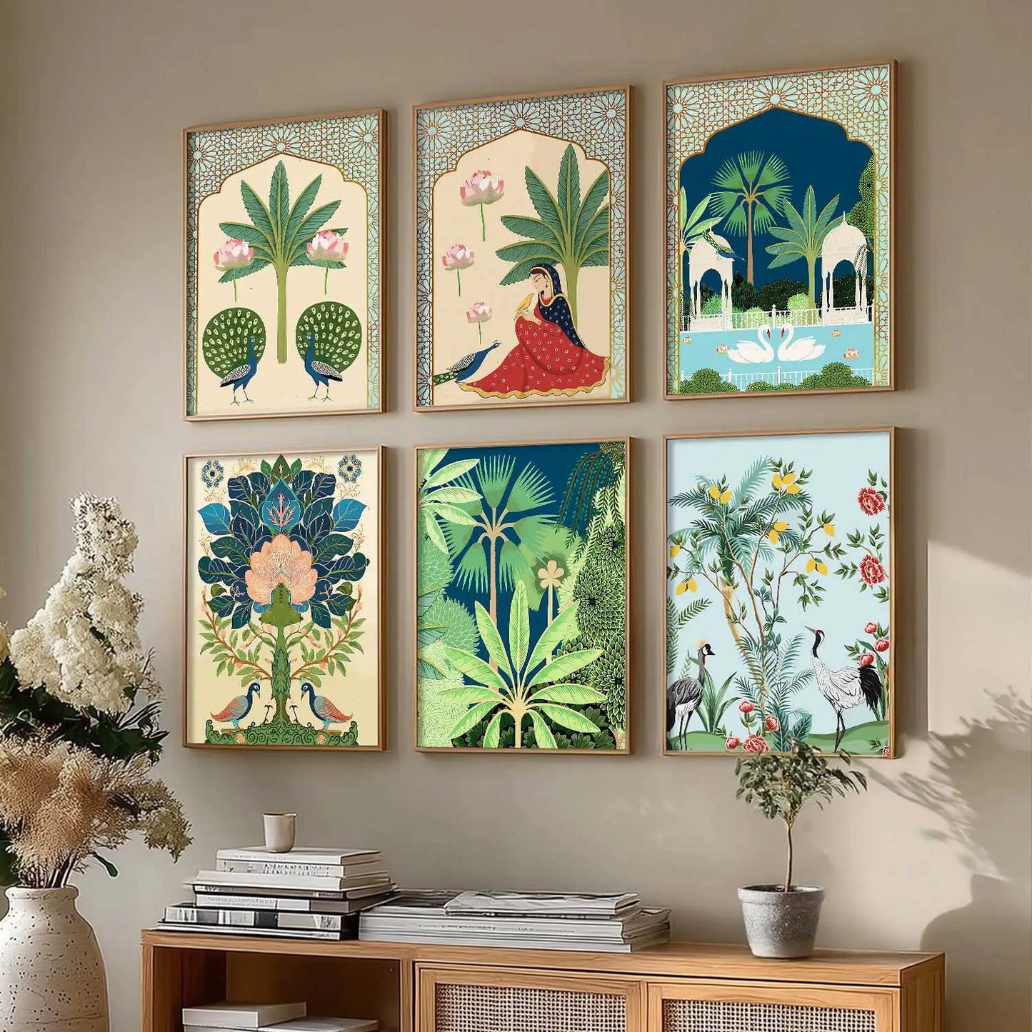 Traditional Indian Pichwai Art Framed Prints for Elegant Home Decor Set of 6
