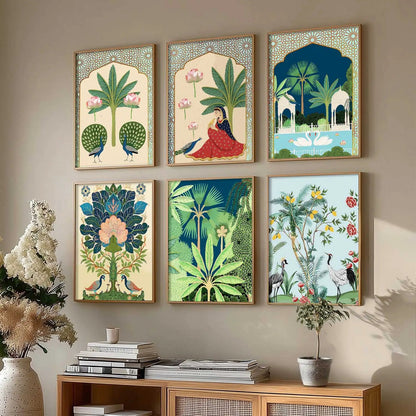 Traditional Indian Pichwai Art Framed Prints for Elegant Home Decor Set of 6