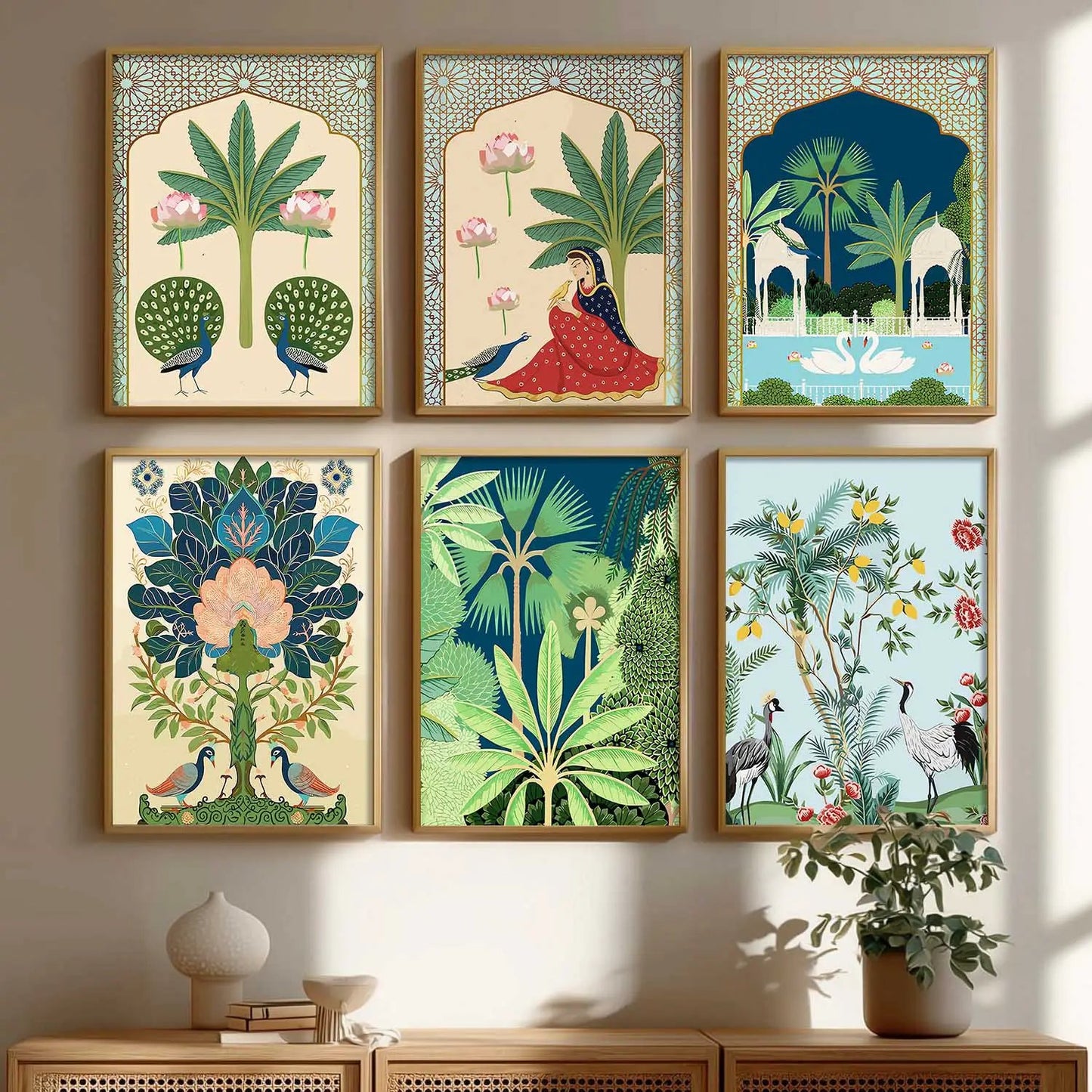 Traditional Indian Pichwai Art Framed Prints for Elegant Home Decor Set of 6