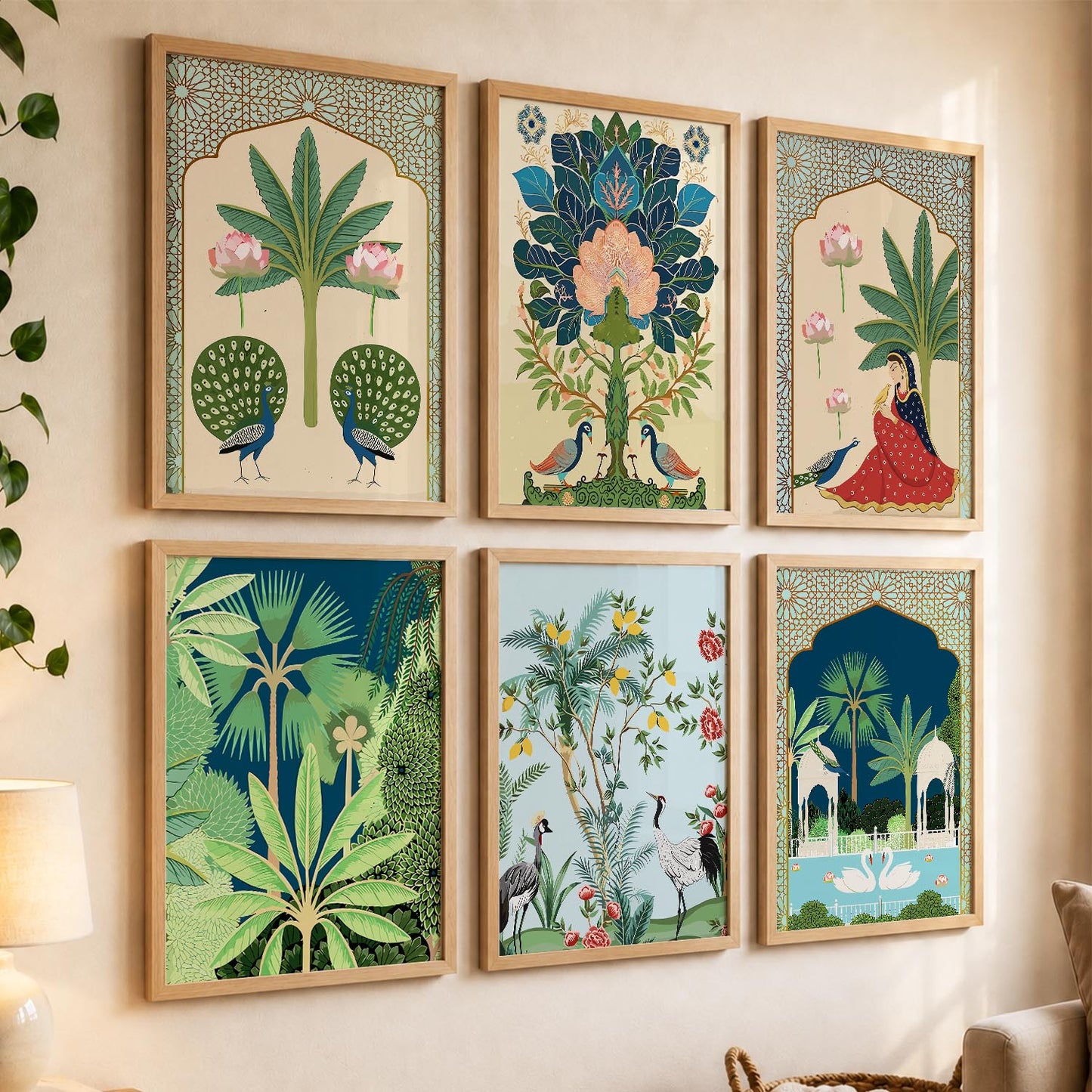 Traditional Indian Pichwai Art Framed Prints for Elegant Home Decor Set of 6