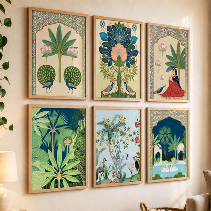 Traditional Indian Pichwai Art Framed Prints for Elegant Home Decor Set of 6
