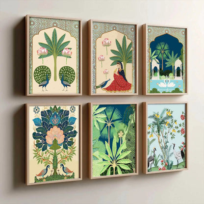 Traditional Indian Pichwai Art Framed Prints for Elegant Home Decor Set of 6