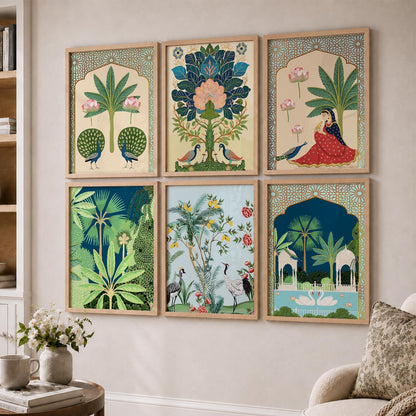 Traditional Indian Pichwai Art Framed Prints for Elegant Home Decor Set of 6