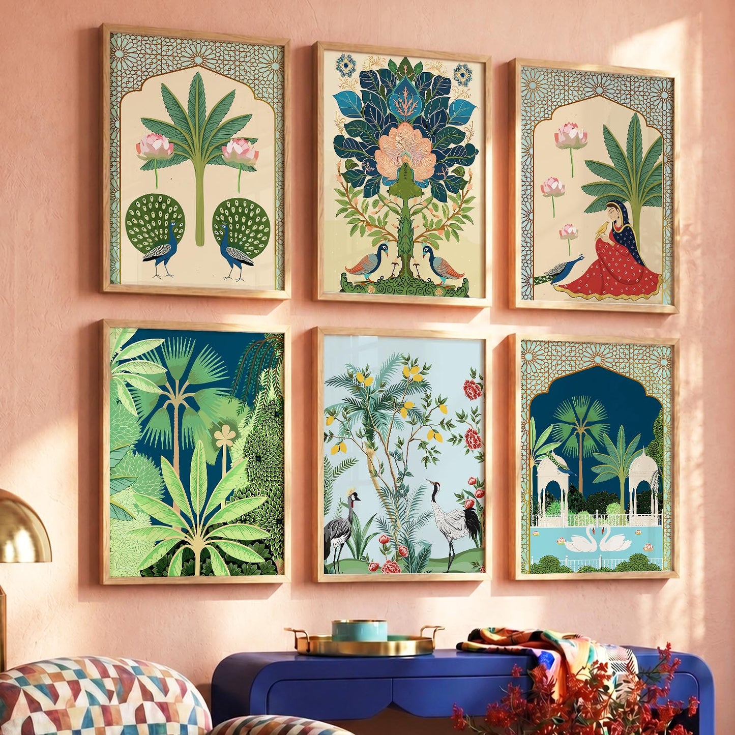 Traditional Indian Pichwai Art Framed Prints for Elegant Home Decor Set of 6