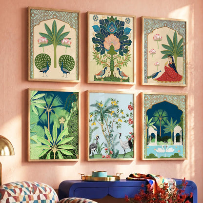 Traditional Indian Pichwai Art Framed Prints for Elegant Home Decor Set of 6