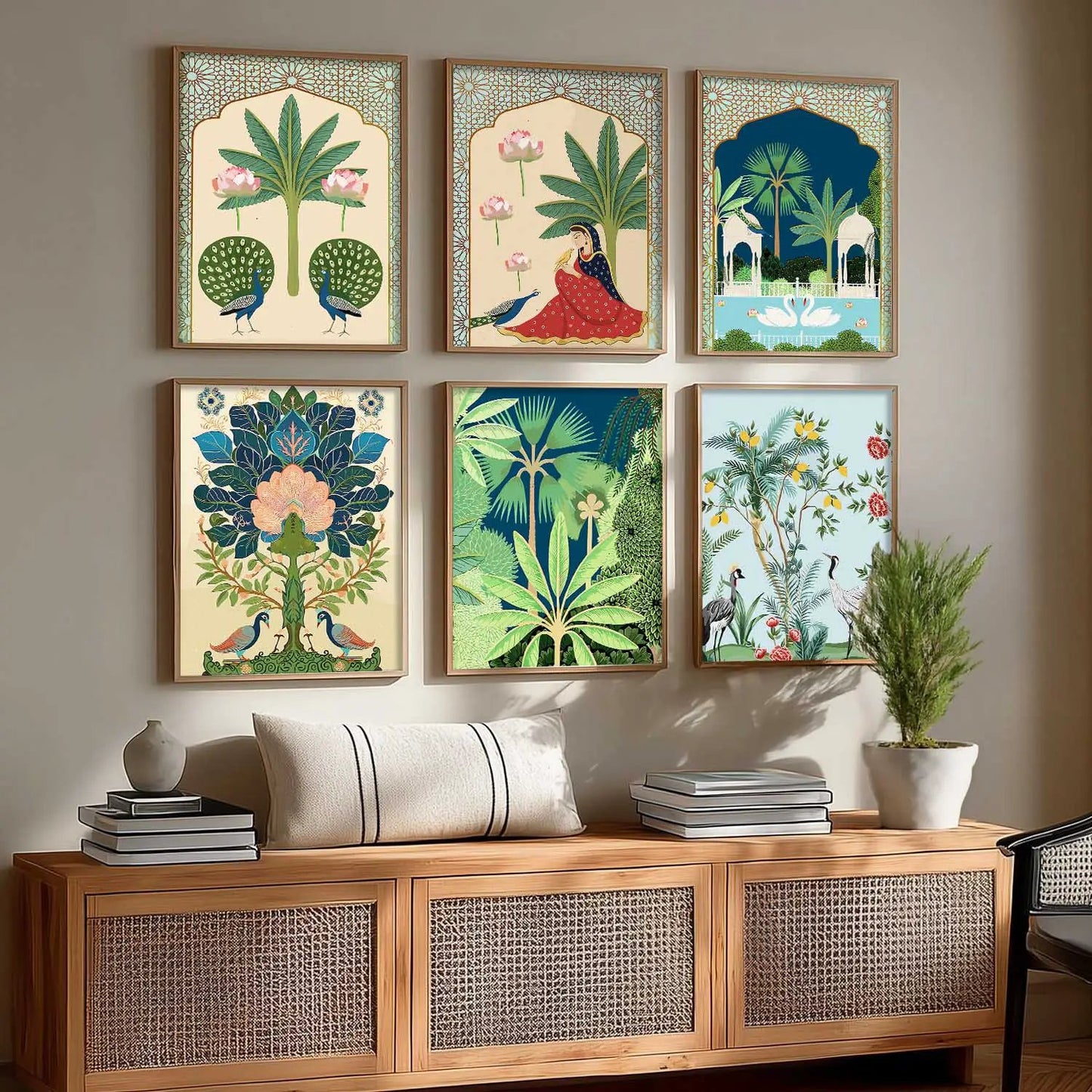 Traditional Indian Pichwai Art Framed Prints for Elegant Home Decor Set of 6
