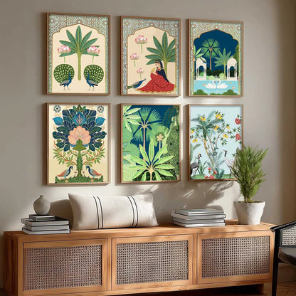 Traditional Indian Pichwai Art Framed Prints for Elegant Home Decor Set of 6