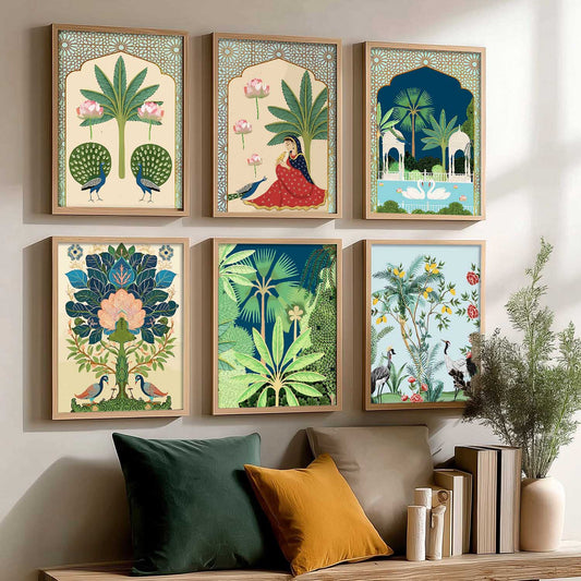 Traditional Indian Pichwai Art Framed Prints for Elegant Home Decor Set of 6