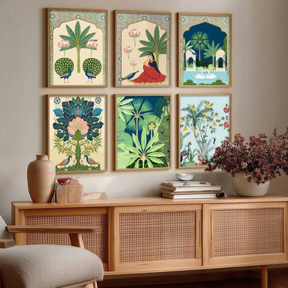 Traditional Indian Pichwai Art Framed Prints for Elegant Home Decor Set of 6
