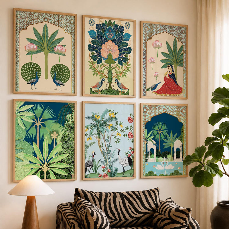 Traditional Indian Pichwai Art Framed Prints for Elegant Home Decor Set of 6
