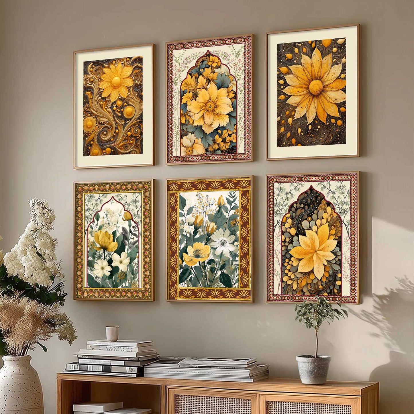 Nature Inspired  Modern Art Prints with Frame for Living Room Bedroom Home and Office Wall Decor Set of 6