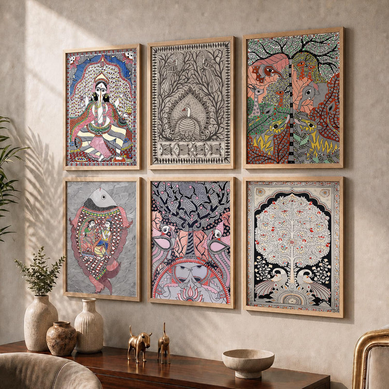 Traditional Indian Art Prints with Frame for Living Room Bedroom Home and Office Wall Decor Set of 6
