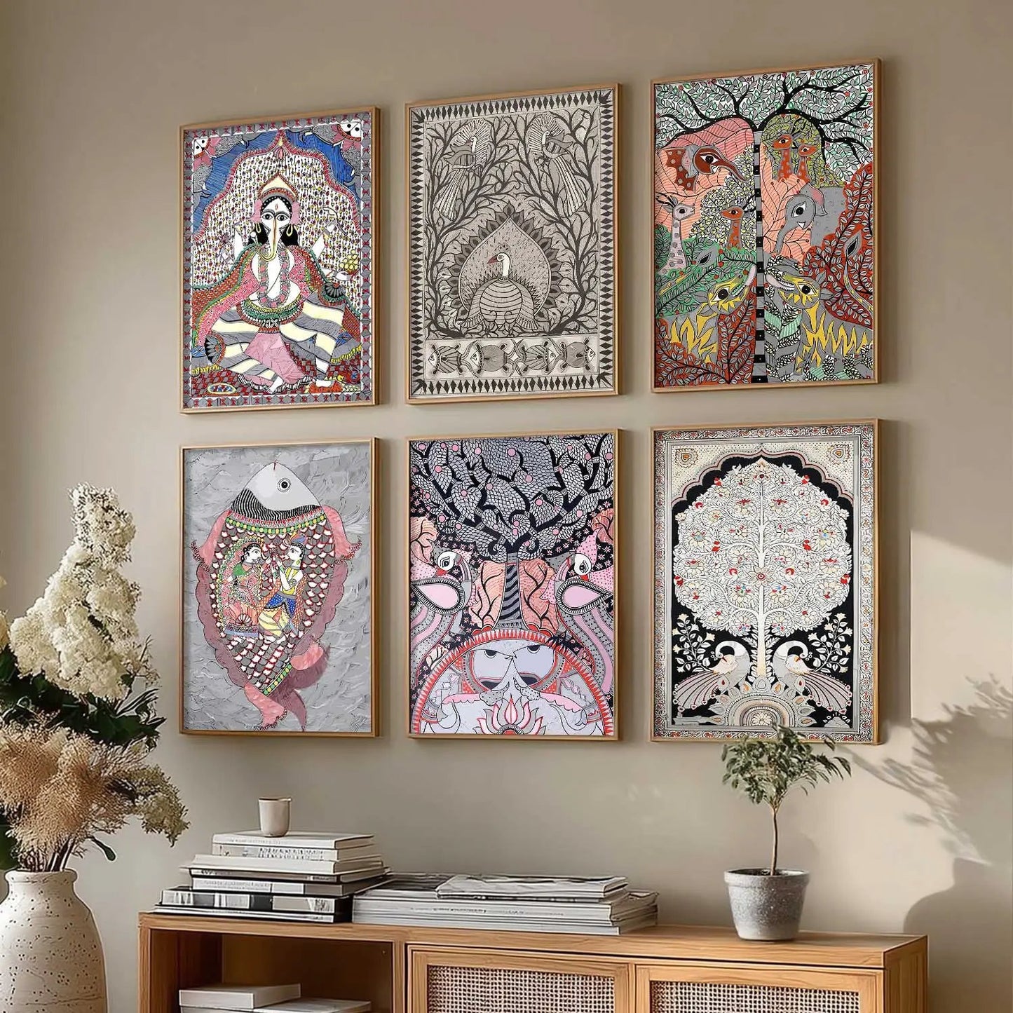 Traditional Indian Art Prints with Frame for Living Room Bedroom Home and Office Wall Decor Set of 6