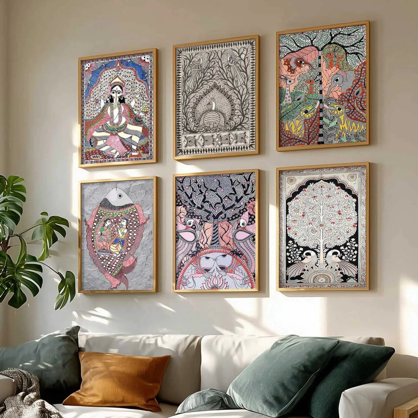 Traditional Indian Art Prints with Frame for Living Room Bedroom Home and Office Wall Decor Set of 6