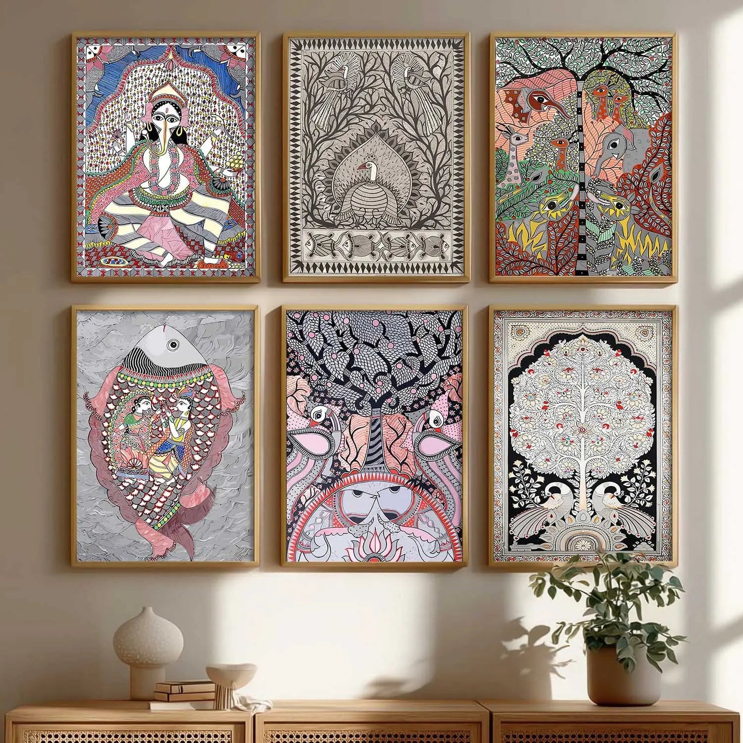Traditional Indian Art Prints with Frame for Living Room Bedroom Home and Office Wall Decor Set of 6