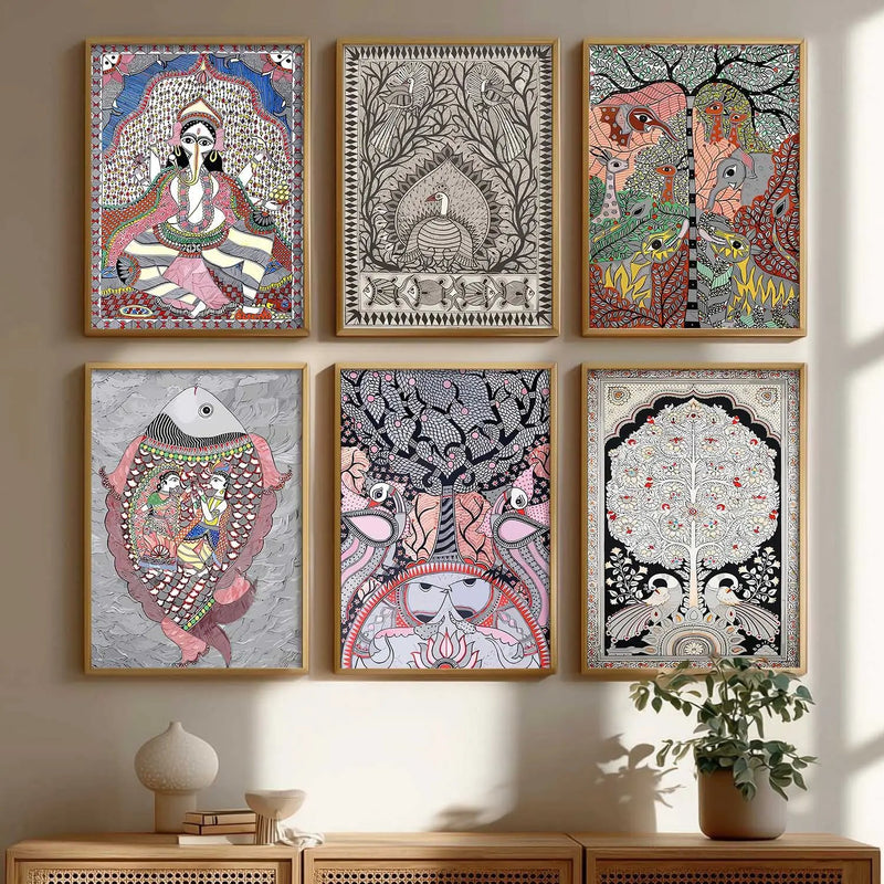 Traditional Indian Art Prints with Frame for Living Room Bedroom Home and Office Wall Decor Set of 6