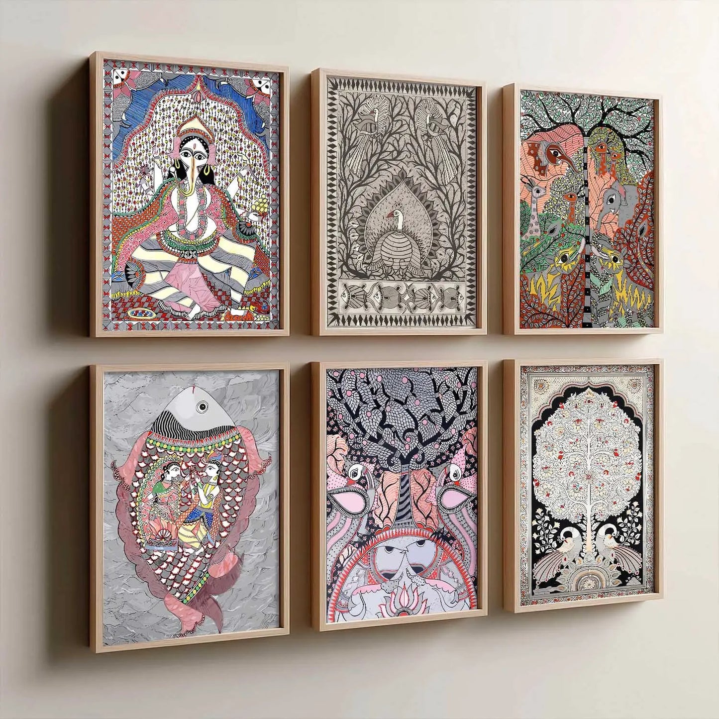 Traditional Indian Art Prints with Frame for Living Room Bedroom Home and Office Wall Decor Set of 6