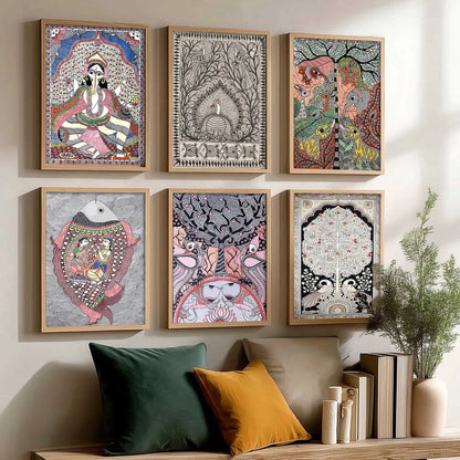 Traditional Indian Art Prints with Frame for Living Room Bedroom Home and Office Wall Decor Set of 6