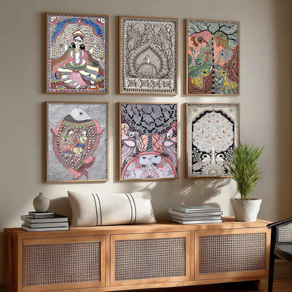 Traditional Indian Art Prints with Frame for Living Room Bedroom Home and Office Wall Decor Set of 6
