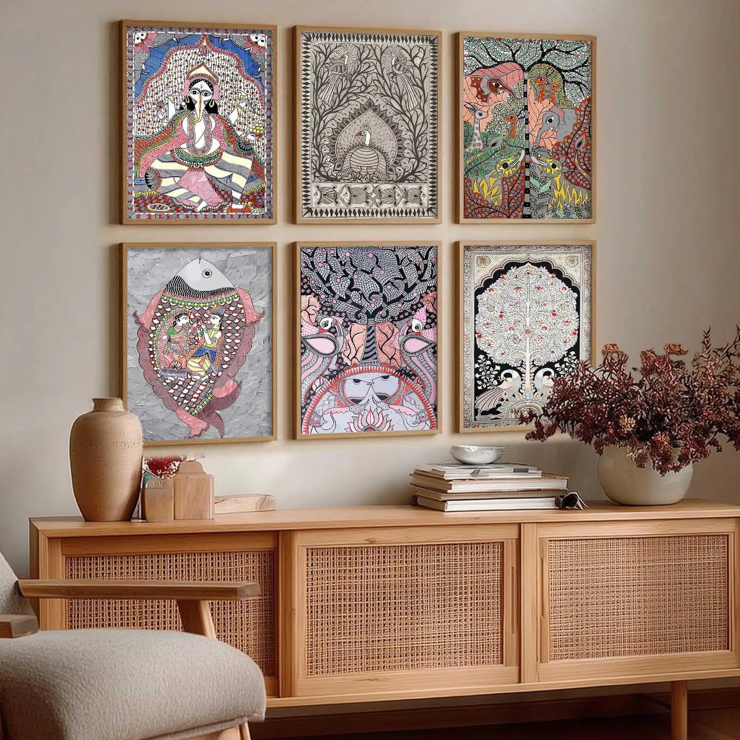 Traditional Indian Art Prints with Frame for Living Room Bedroom Home and Office Wall Decor Set of 6