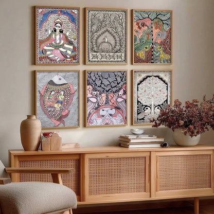Traditional Indian Art Prints with Frame for Living Room Bedroom Home and Office Wall Decor Set of 6