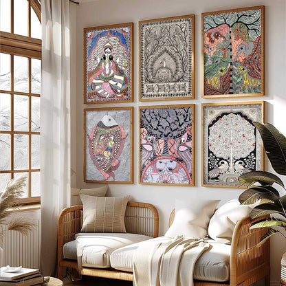 Traditional Indian Art Prints with Frame for Living Room Bedroom Home and Office Wall Decor Set of 6