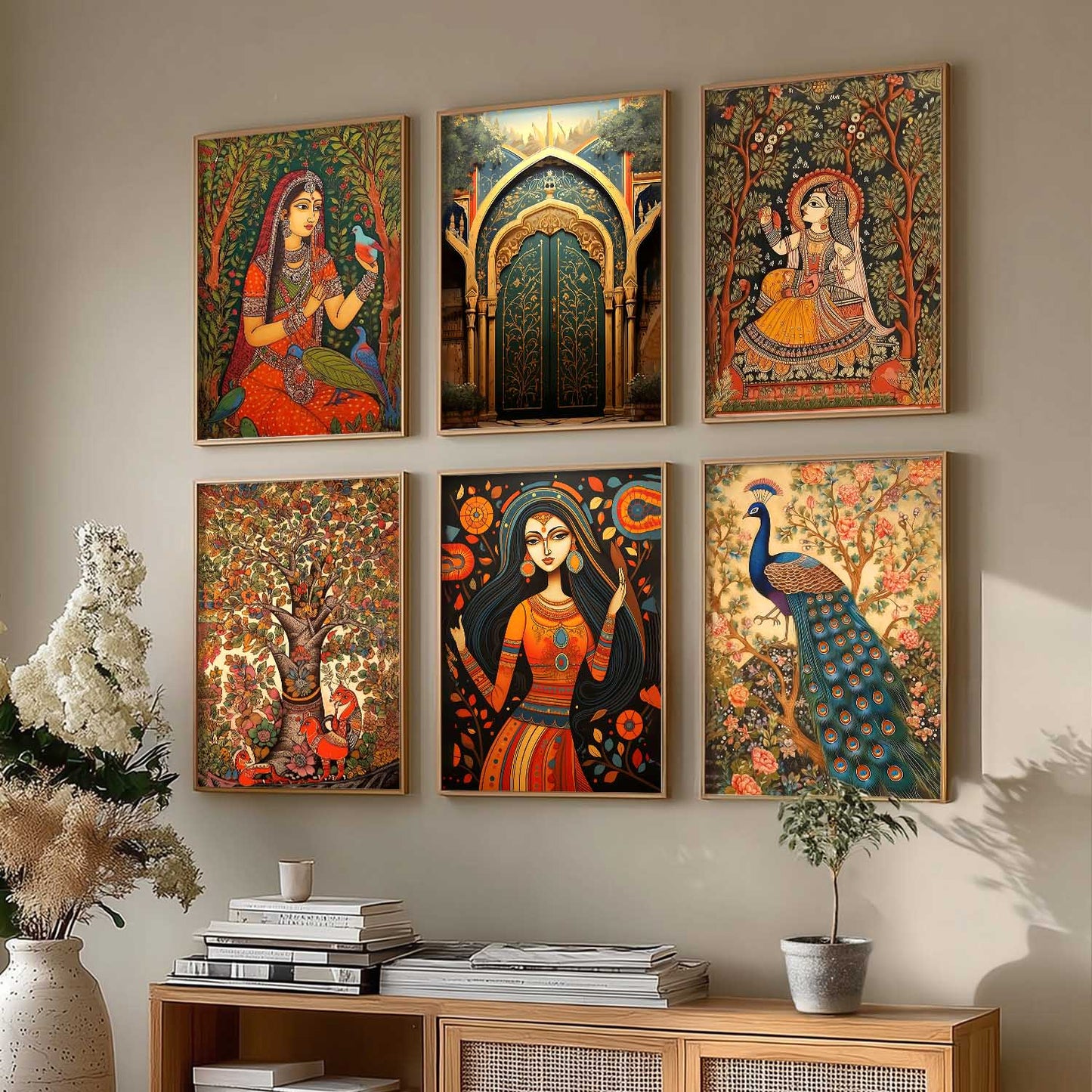 Traditional Indian Inspired Madhubani Art Prints with Frame for Living Room Bedroom Home and Office Wall Decor Set of 6