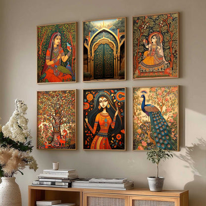 Traditional Indian Inspired Madhubani Art Prints with Frame for Living Room Bedroom Home and Office Wall Decor Set of 6