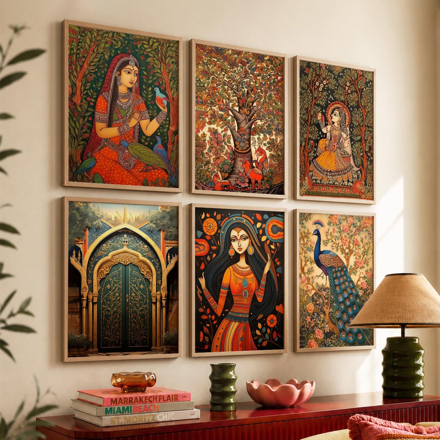 Traditional Indian Inspired Madhubani Art Prints with Frame for Living Room Bedroom Home and Office Wall Decor Set of 6