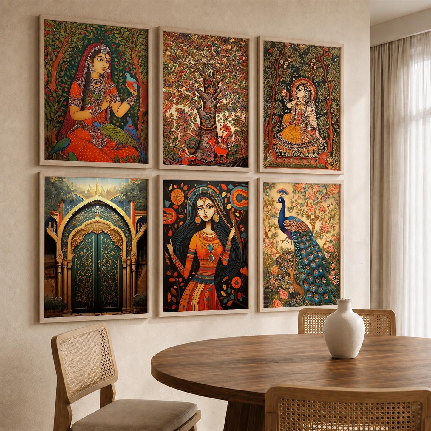 Traditional Indian Inspired Madhubani Art Prints with Frame for Living Room Bedroom Home and Office Wall Decor Set of 6