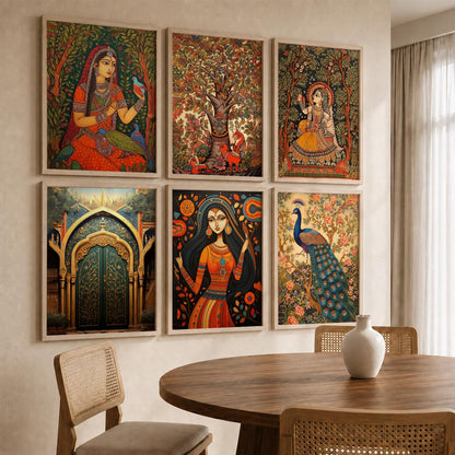 Traditional Indian Inspired Madhubani Art Prints with Frame for Living Room Bedroom Home and Office Wall Decor Set of 6