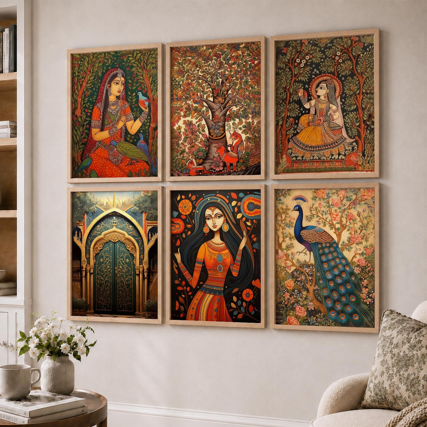 Traditional Indian Inspired Madhubani Art Prints with Frame for Living Room Bedroom Home and Office Wall Decor Set of 6