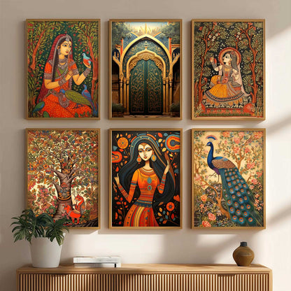 Traditional Indian Inspired Madhubani Art Prints with Frame for Living Room Bedroom Home and Office Wall Decor Set of 6