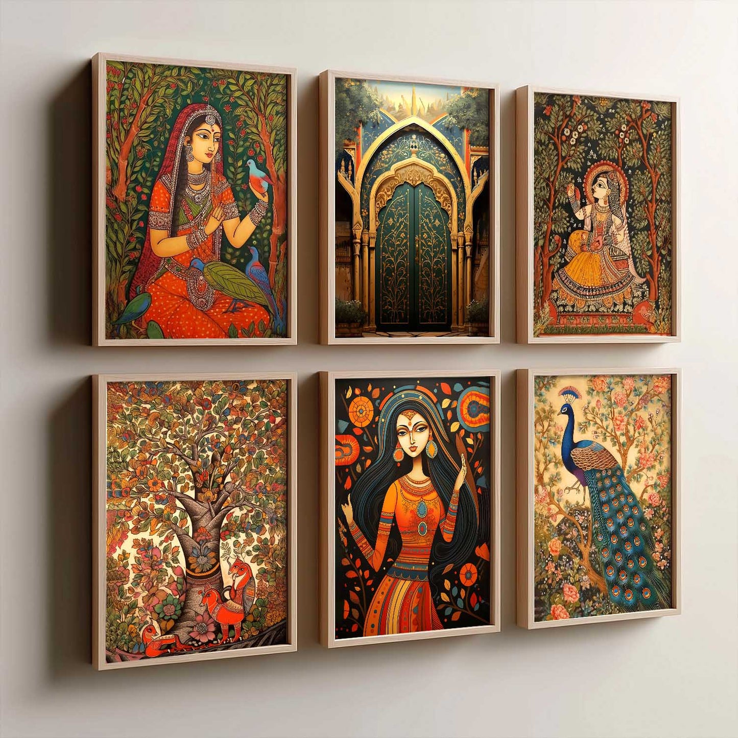 Traditional Indian Inspired Madhubani Art Prints with Frame for Living Room Bedroom Home and Office Wall Decor Set of 6