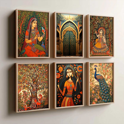 Traditional Indian Inspired Madhubani Art Prints with Frame for Living Room Bedroom Home and Office Wall Decor Set of 6