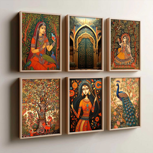Traditional Indian Inspired Madhubani Art Prints with Frame for Living Room Bedroom Home and Office Wall Decor Set of 6