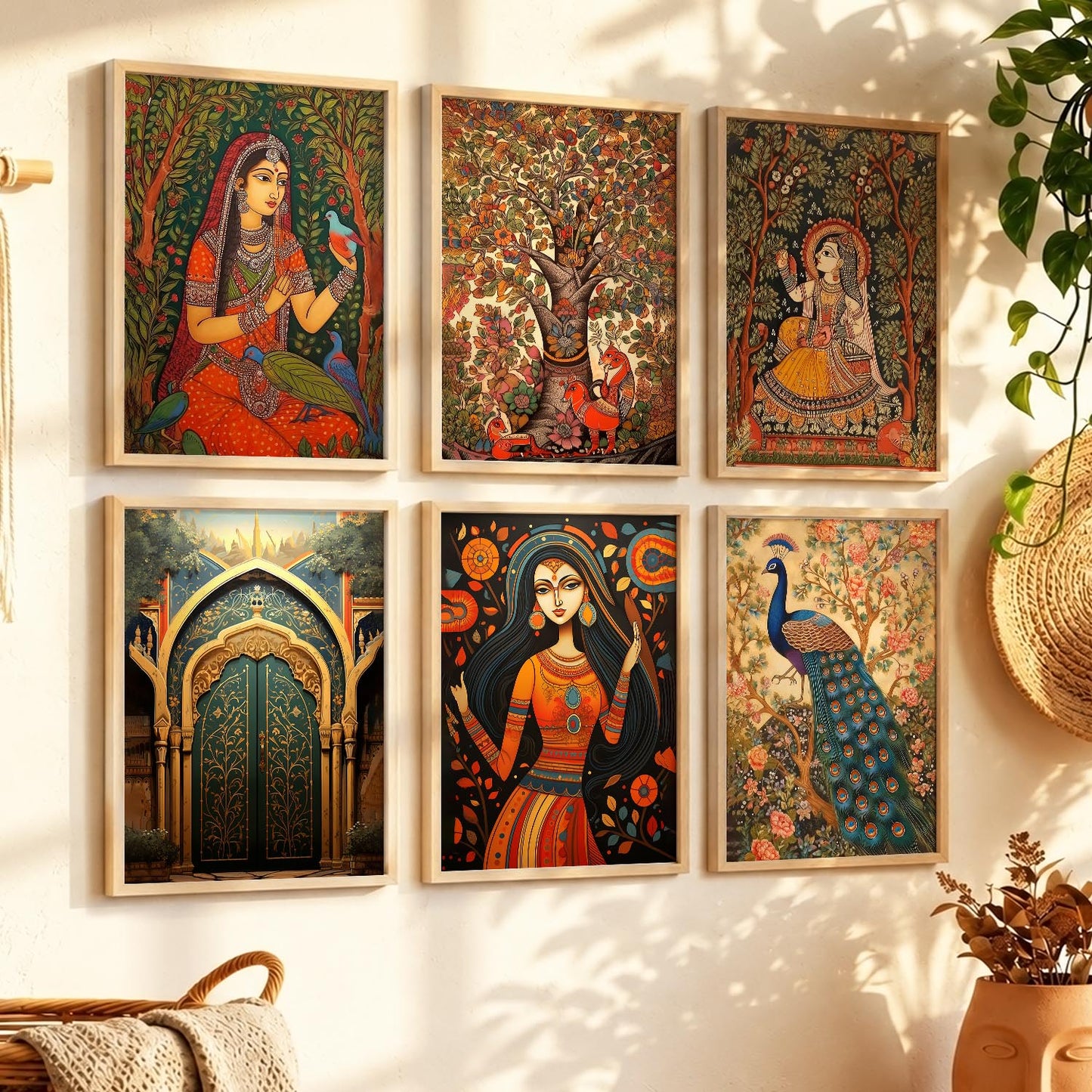 Traditional Indian Inspired Madhubani Art Prints with Frame for Living Room Bedroom Home and Office Wall Decor Set of 6