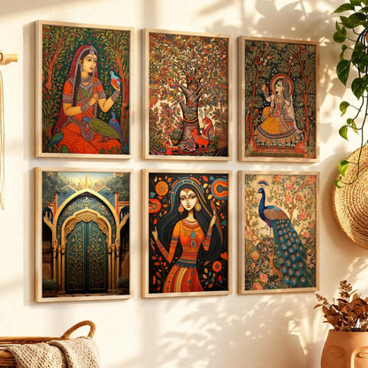 Traditional Indian Inspired Madhubani Art Prints with Frame for Living Room Bedroom Home and Office Wall Decor Set of 6