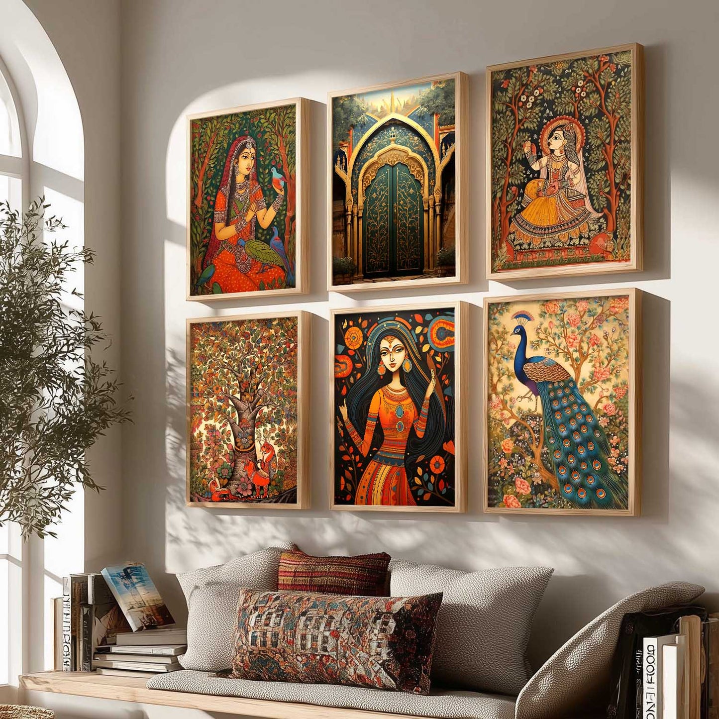 Traditional Indian Inspired Madhubani Art Prints with Frame for Living Room Bedroom Home and Office Wall Decor Set of 6
