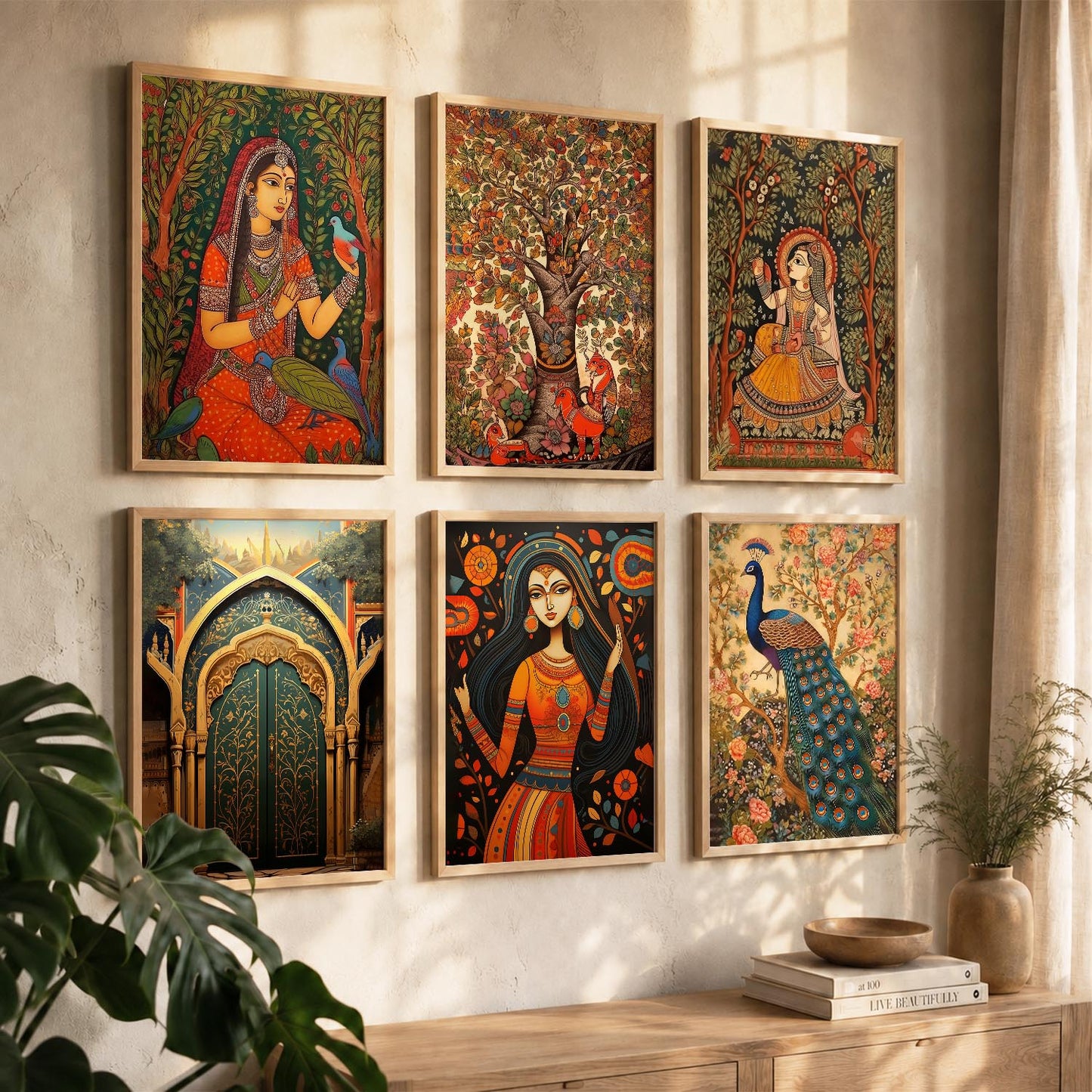 Traditional Indian Inspired Madhubani Art Prints with Frame for Living Room Bedroom Home and Office Wall Decor Set of 6