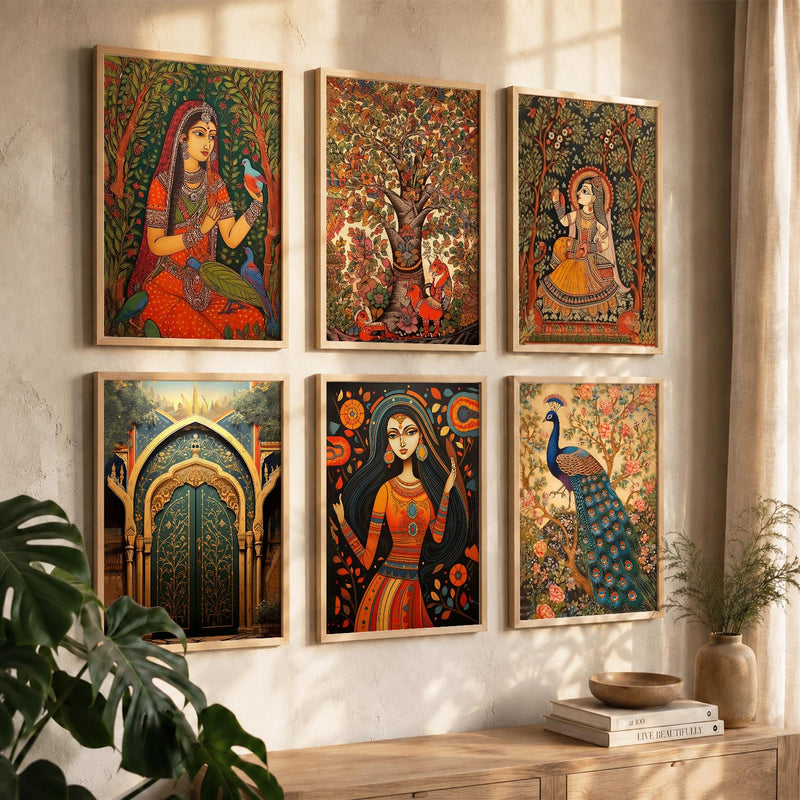 Traditional Indian Inspired Madhubani Art Prints with Frame for Living Room Bedroom Home and Office Wall Decor Set of 6