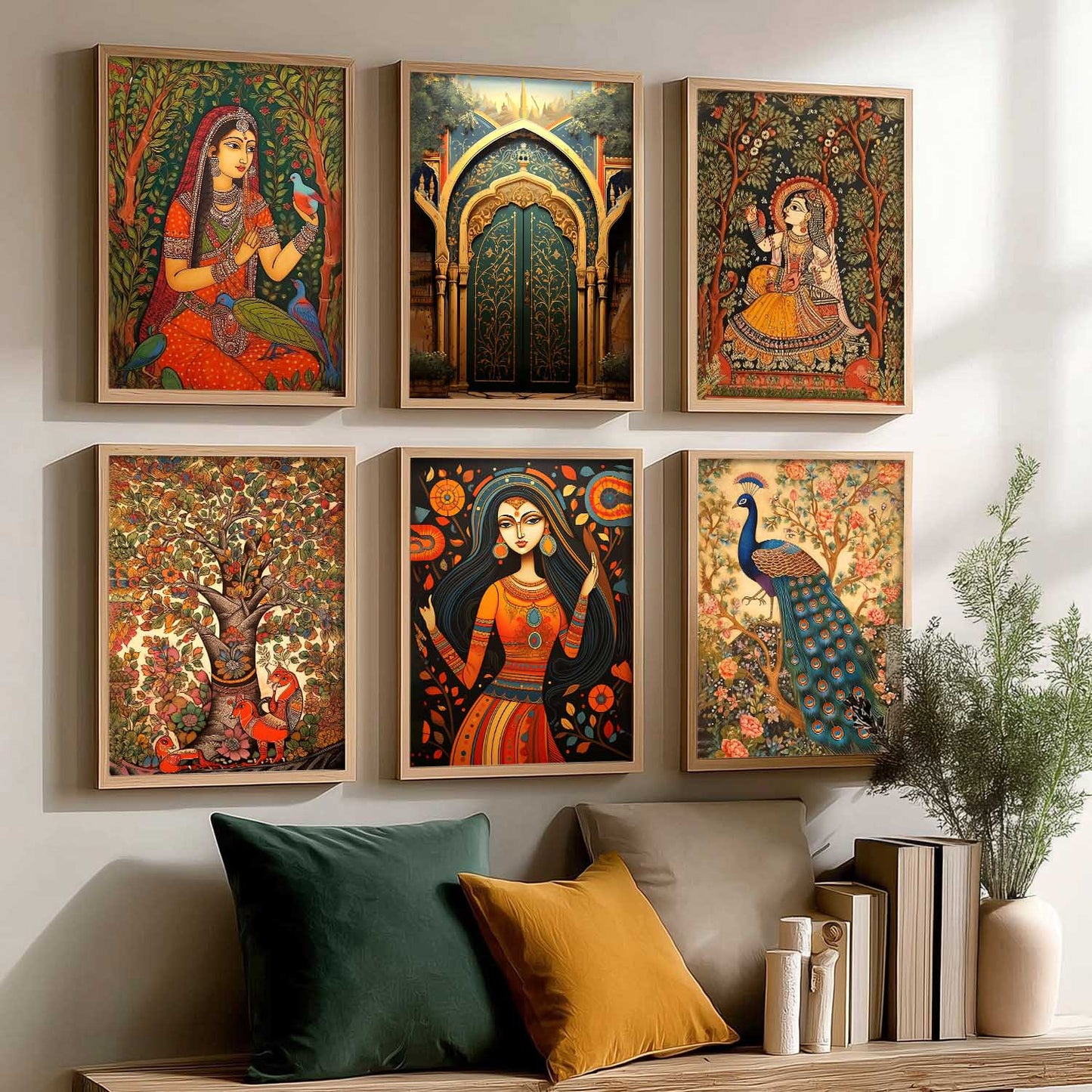 Traditional Indian Inspired Madhubani Art Prints with Frame for Living Room Bedroom Home and Office Wall Decor Set of 6