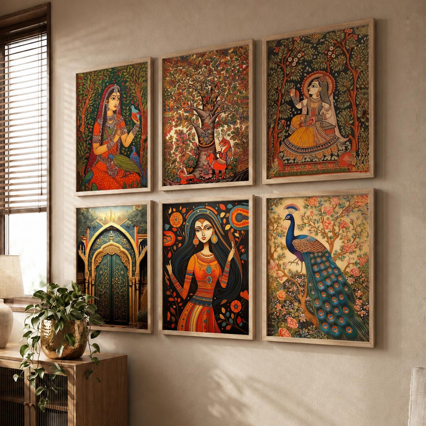Traditional Indian Inspired Madhubani Art Prints with Frame for Living Room Bedroom Home and Office Wall Decor Set of 6