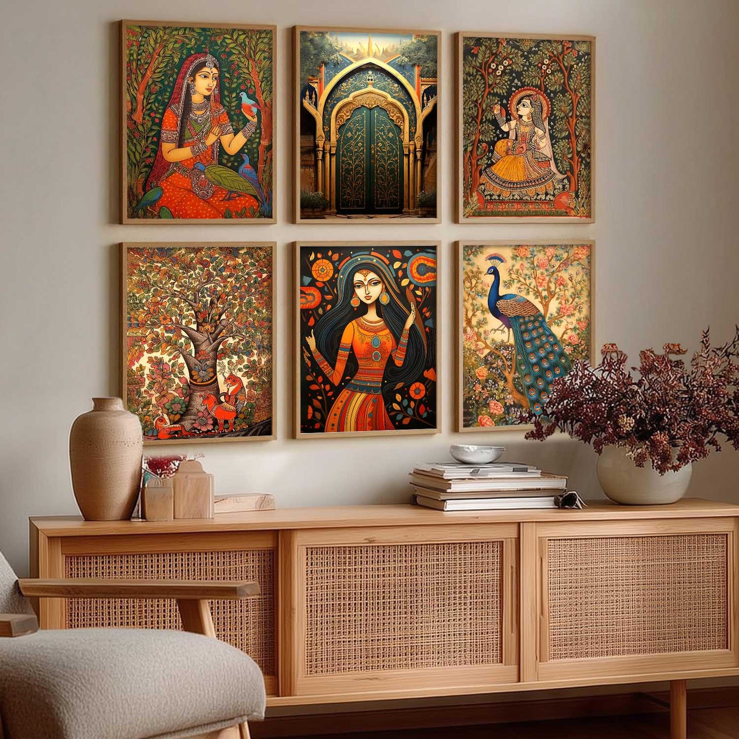 Traditional Indian Inspired Madhubani Art Prints with Frame for Living Room Bedroom Home and Office Wall Decor Set of 6
