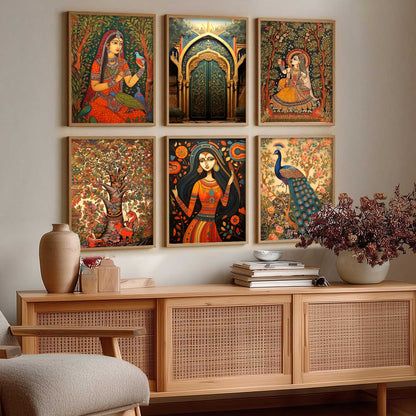 Traditional Indian Inspired Madhubani Art Prints with Frame for Living Room Bedroom Home and Office Wall Decor Set of 6